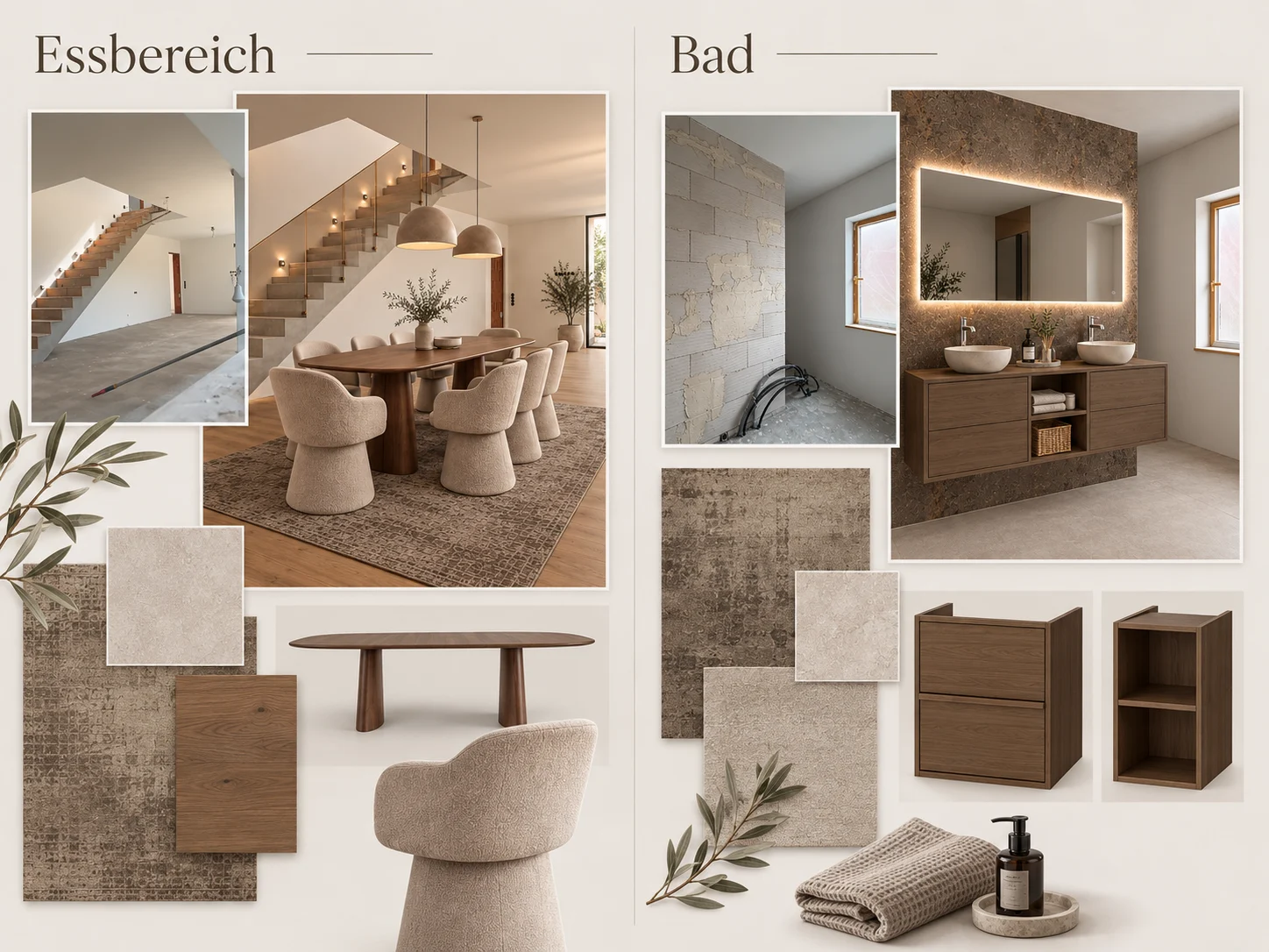 Zusammengestelltes Moodboard mit Raumvisualisierungen, Möbeln, Wand- und Bodenmustern für einen Essbereich und ein Badezimmer